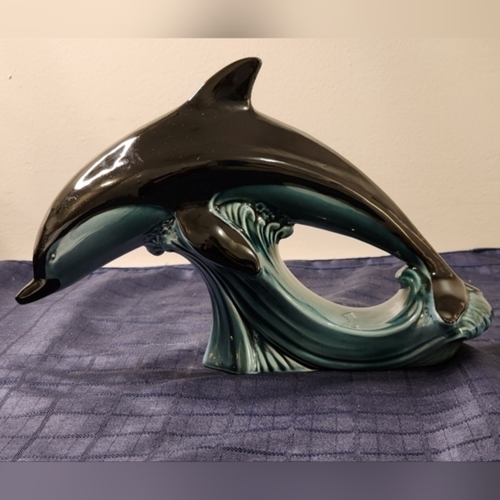 Poole England Blue And Black Pottery Dolphin Figurine